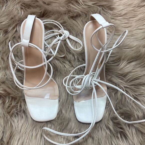 Rhinestones Block Heel Lace Up Ankle Wrap Sandals - Picture 3 of 16